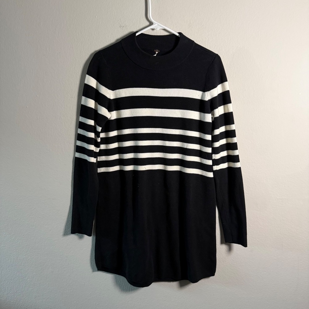Free People Black White Striped Mock Neck Cotton Knit Mini Sweater Dress‎ Small